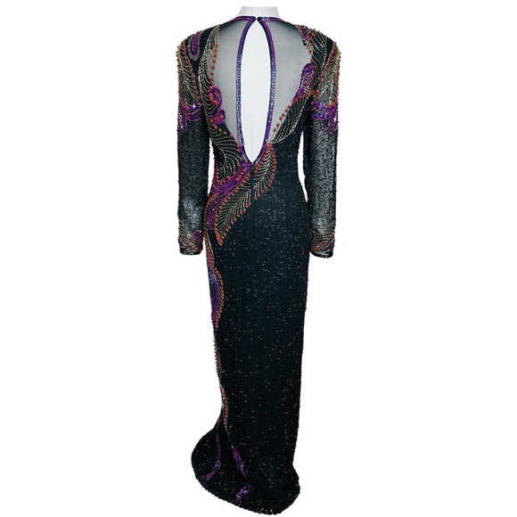 Vintage Alyce Designs Beaded Sequin Dress Black Purple Long Sleeve Evening Gown - Picture 5 of 12